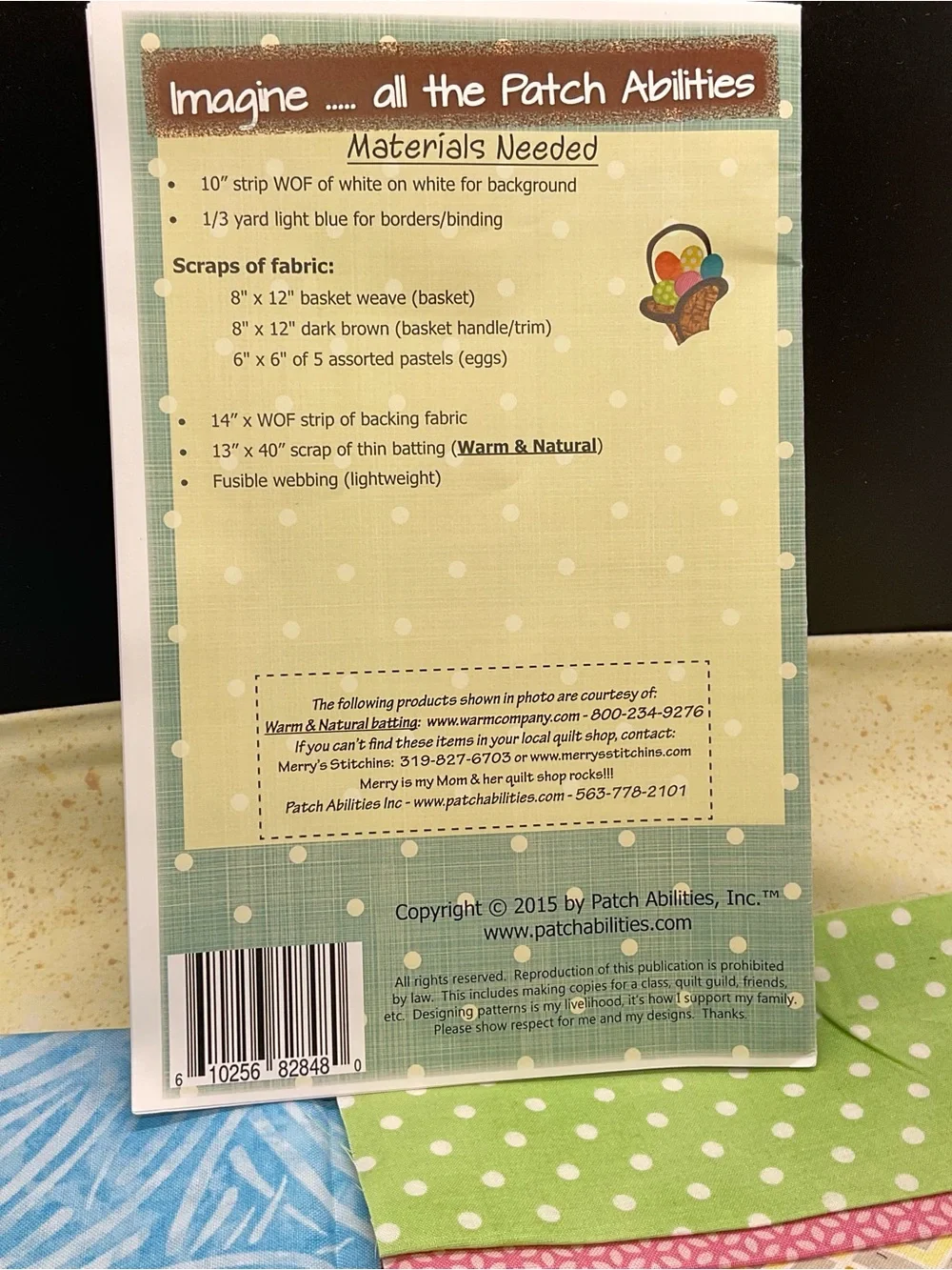 Bunny Basket Table runner Kit NEW Instructions Fabric Patch Abilities